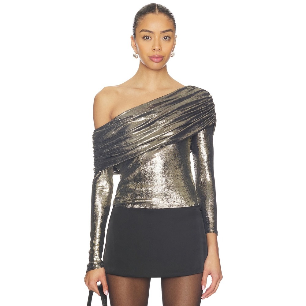 Lovers and Friends Jazz Top Gold Metallic One Shoulder Draped Long Sleeve XS NWT